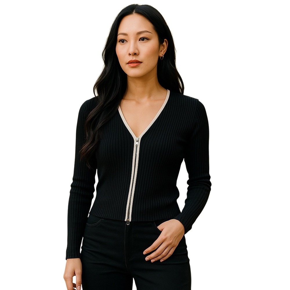 BELLDINI Black Sweater Cardigan Small Black Zipper Office Bling